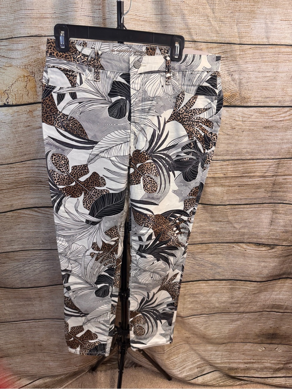 Chico's Tropical Leopard Print Chinos in Black, White & Brown